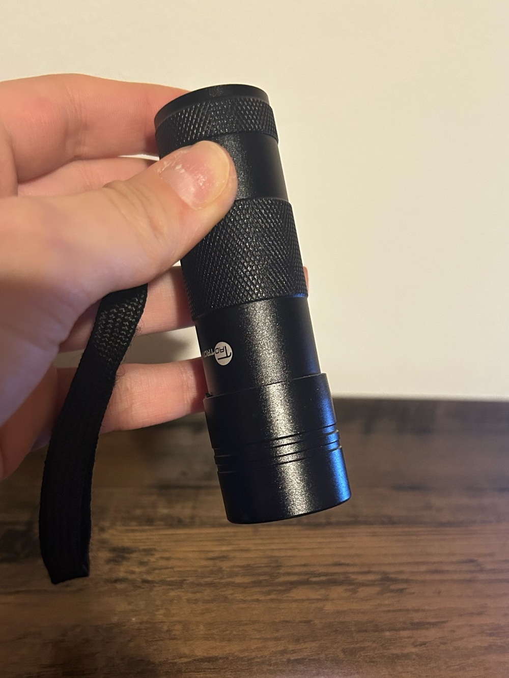 Compact Black Metal UV Flashlight with Wrist Strap